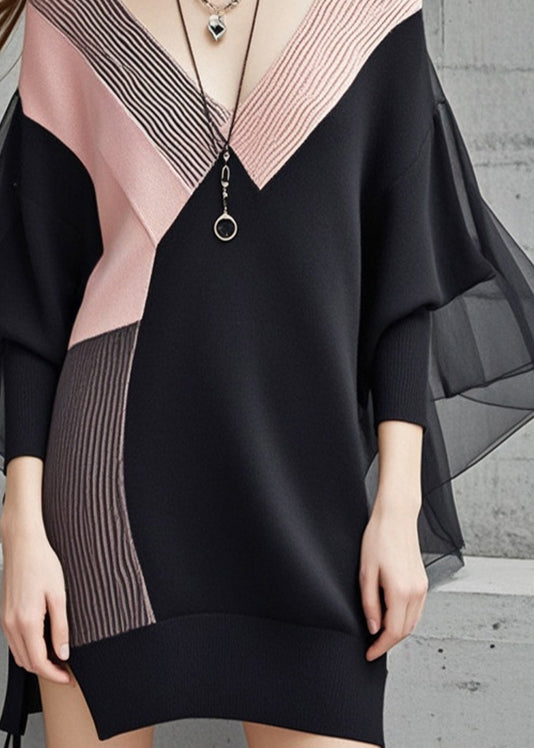 Black Patchwork Tulle Long Sweater V Neck Batwing Sleeve