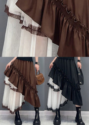 Black Patchwork Tulle Skirts Ruffled Asymmetrical Summer