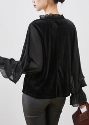 Black Patchwork Velour Chiffon Shirt Ruffled Lace Up Spring