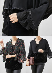 Black Patchwork Velour Chiffon Shirt Ruffled Lace Up Spring