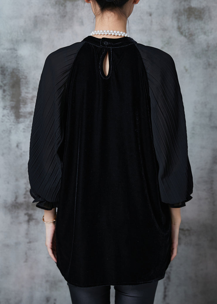 Black Patchwork Velour Shirts Oversized Wrinkled Fall