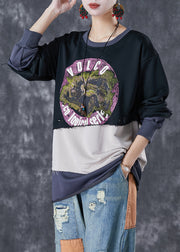 Black Patchwork Warm Fleece Ripped Pullover Sweatshirt Oversized Winter