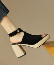 Black Peep Toe Buckle Strap Splicing Suede Chunky High Heels