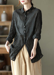 Black Peter Pan Collar Button Silk Linen Shirt Long Sleeve