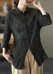 Black Peter Pan Collar Button Silk Linen Shirt Long Sleeve