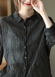 Black Peter Pan Collar Button Silk Linen Shirt Long Sleeve