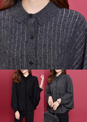 Black Peter Pan Collar Button Striped Knit Coats Long Sleeve