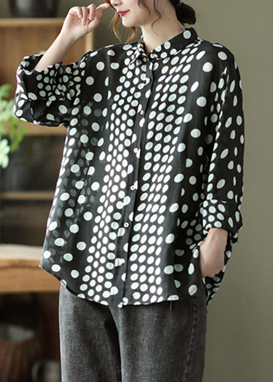 Black Peter Pan Collar Dot Button Linen Shirt Long Sleeve