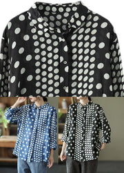 Black Peter Pan Collar Dot Button Linen Shirt Long Sleeve