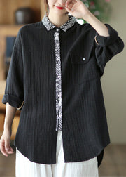 Black Peter Pan Collar Print Patchwork Shirt Long Sleeve