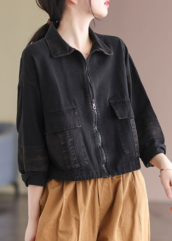 Black Peter Pan Collar Zippered Denim Coats Long Sleeve