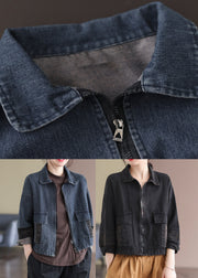 Black Peter Pan Collar Zippered Denim Coats Long Sleeve