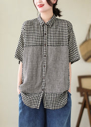 Black Plaid Patchwork Linen Blouse Top Oversized Summer