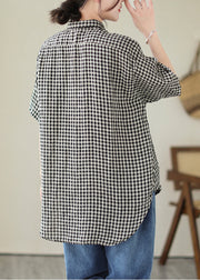 Black Plaid Patchwork Linen Blouse Top Oversized Summer