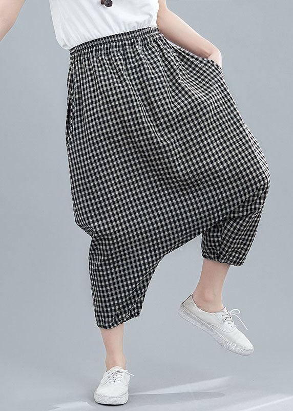 Black Plaid Pockets Patchwork Cotton Crop Pants Elastic Waist Summer