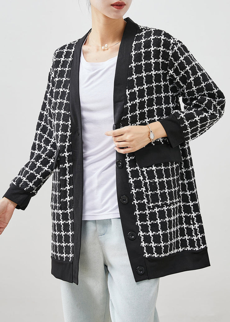 Black Plaid Woolen Coat V Neck Pockets Fall