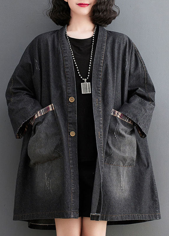 Black Pockets Button Low High Design Denim Trench Coat Fall