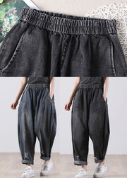 Black Pockets Cotton Denim Harem Pants High Waist Hole Fall