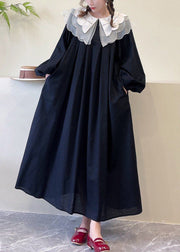 Black Pockets Cotton Dress Peter Pan Collar Long Sleeve