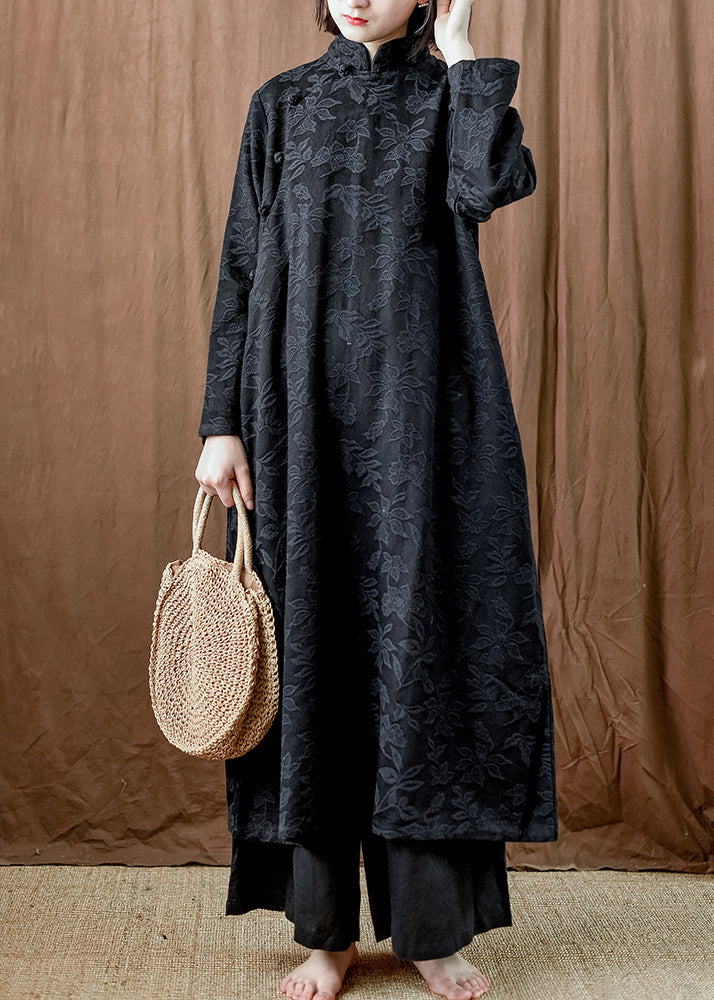 Black Pockets Cotton Long Dresses Stand Collar Fall