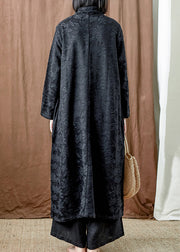 Black Pockets Cotton Long Dresses Stand Collar Fall