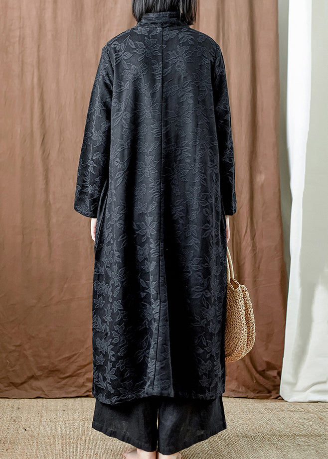 Black Pockets Cotton Long Dresses Stand Collar Fall