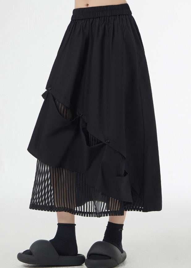 Black Pockets Elastic Waist Patchwork Cotton Skirt Asymmetrical