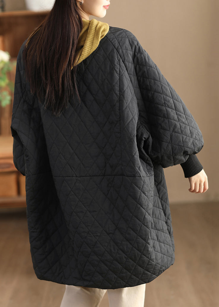 Black Pockets Fine Cotton Filled Coat O Neck Lantern Sleeve