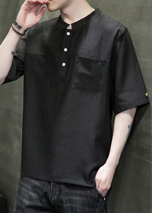 Black Pockets Linen Men T Shirts Stand Collar Half Sleeve