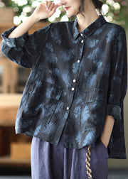 Black Pockets Linen Shirt Peter Pan Collar Spring