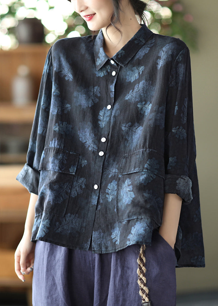 Black Pockets Linen Shirt Peter Pan Collar Spring