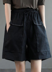 Black Pockets Patchwork Casual Linen Shorts Summer