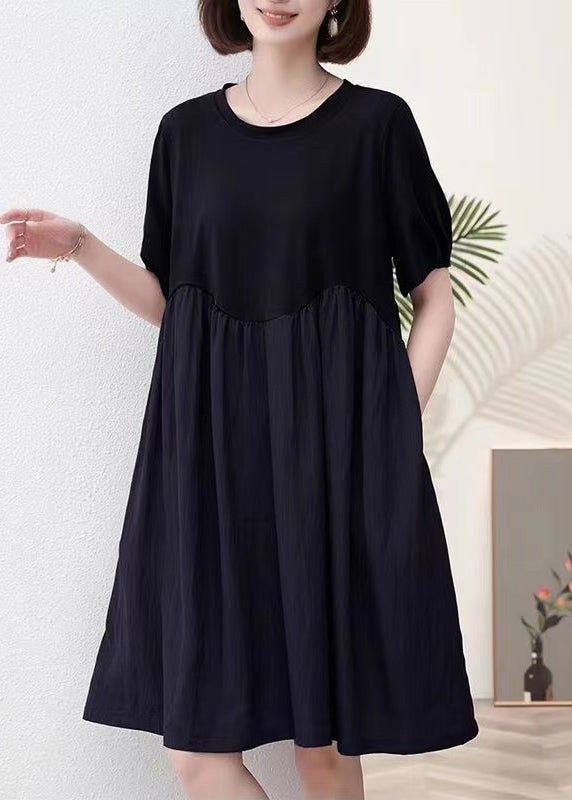 Black Pockets Patchwork Cotton Dresses O Neck Summer