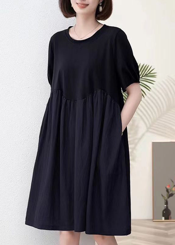 Black Pockets Patchwork Cotton Dresses O Neck Summer