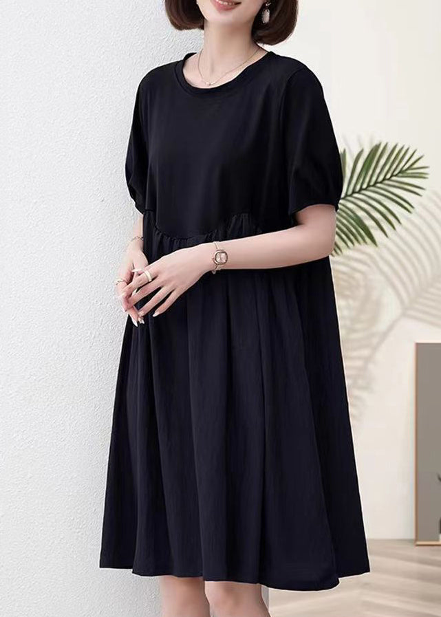 Black Pockets Patchwork Cotton Dresses O Neck Summer