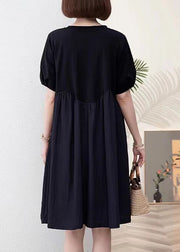 Black Pockets Patchwork Cotton Dresses O Neck Summer