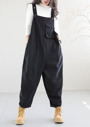 Black Pockets Patchwork Cotton Jumpsuit Button Spring