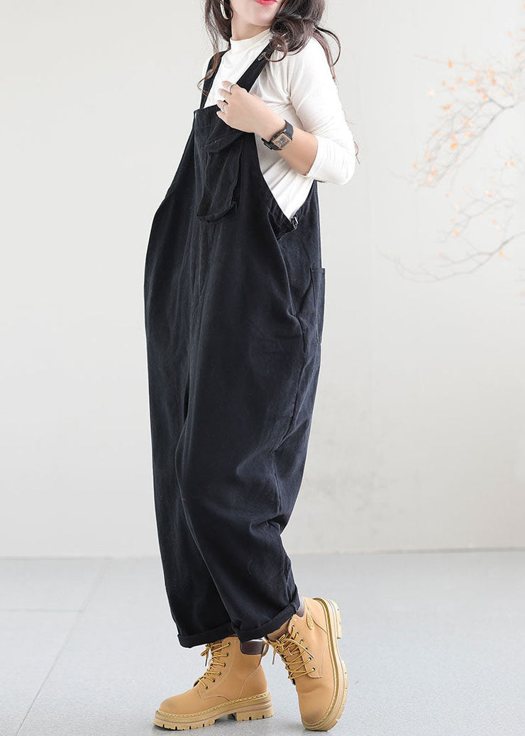 Black Pockets Patchwork Cotton Jumpsuit Button Spring