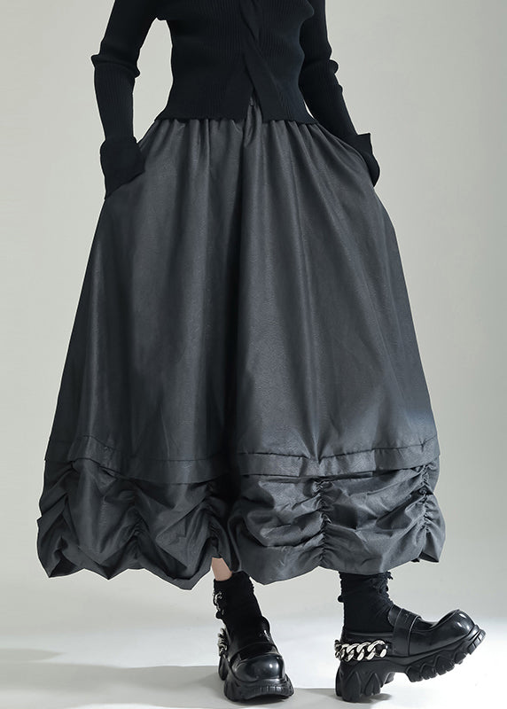 Black Pockets Patchwork Cotton Skirts Wrinkled Elastic Waist Fall