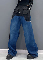 Black Pockets Patchwork Denim Pants High Waist