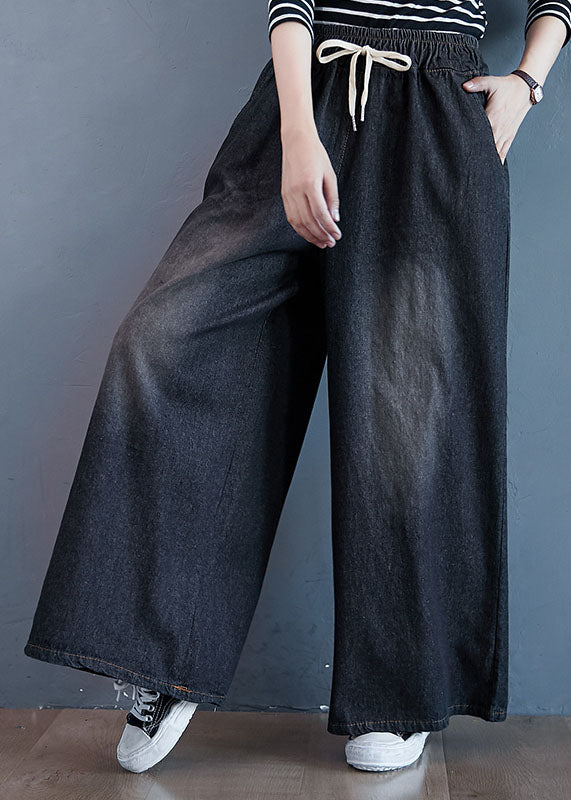 Black Pockets Patchwork Denim Wide Leg Pants Elastic Waist Spring