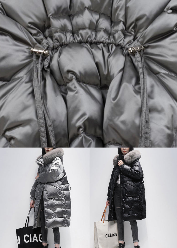 Black Pockets Patchwork Duck Down Hooded Coat Zip Up Winter