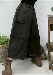 Black Pockets Patchwork Linen Crop Pants Elastic Waist Spring