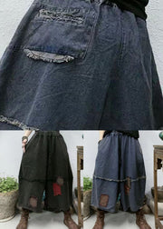 Black Pockets Patchwork Linen Crop Pants Elastic Waist Spring