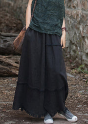 Black Pockets Patchwork Linen Maxi Skirt Elastic Waist Spring