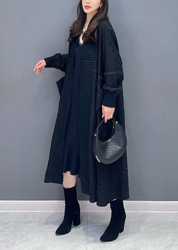 Black Pockets Patchwork Long Knit Cardigans V Neck Fall