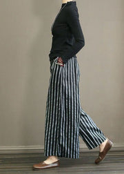 Black Pockets Patchwork Striped Linen Straight Pants Summer