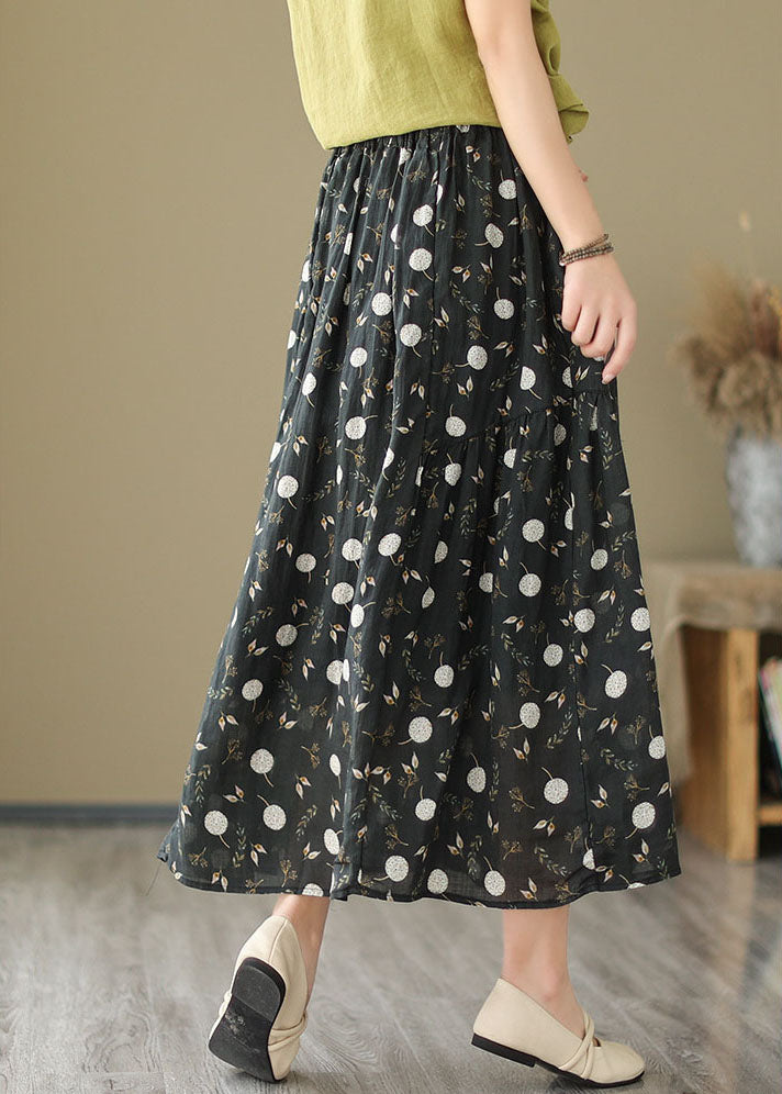 Black Pockets Print Patchwork Linen Skirt Wrinkled Summer