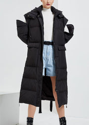 Black Pockets Removable Patchwork Duck Down Coats Hooded Long Sleeve