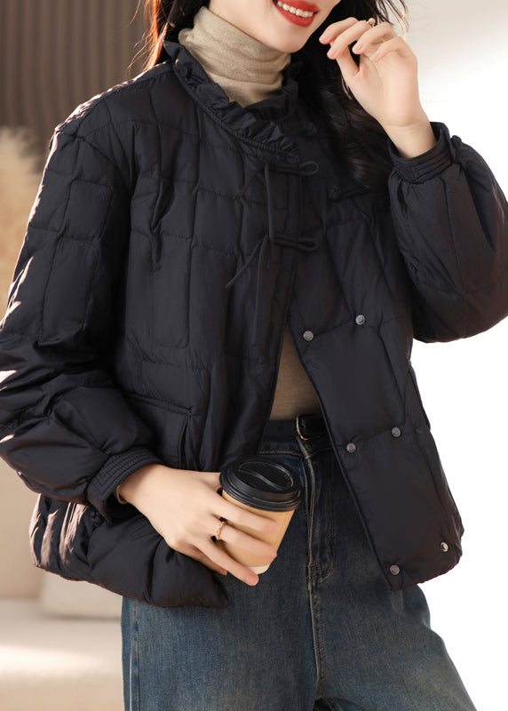 Black Pockets Ruffled Patchwork Fine Cotton Filled Women Coats Winter